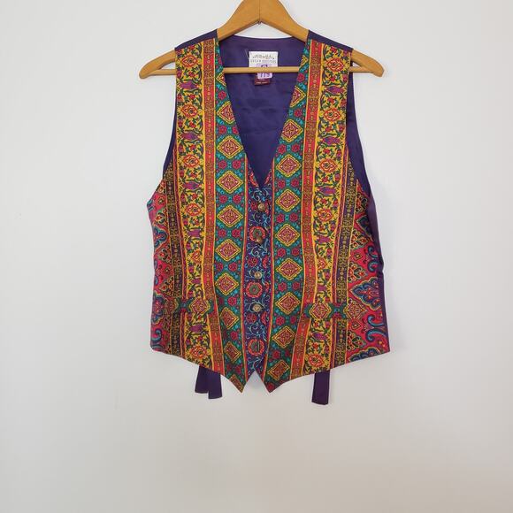 Vintage 80s Rayon Multicolored Vest Silky Back Large - Picture 2 of 8